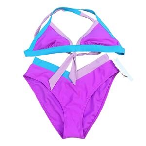NEW Salt + Cove Bikini Set Purple Blue Colorblock Tie Back Women M Resort Wear